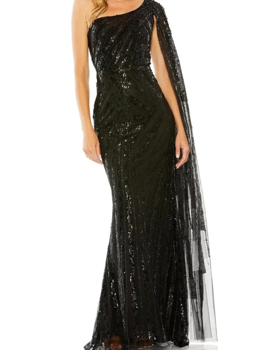 Mac Duggal Black One Shoulder Cape Sleeve Embellished Gown